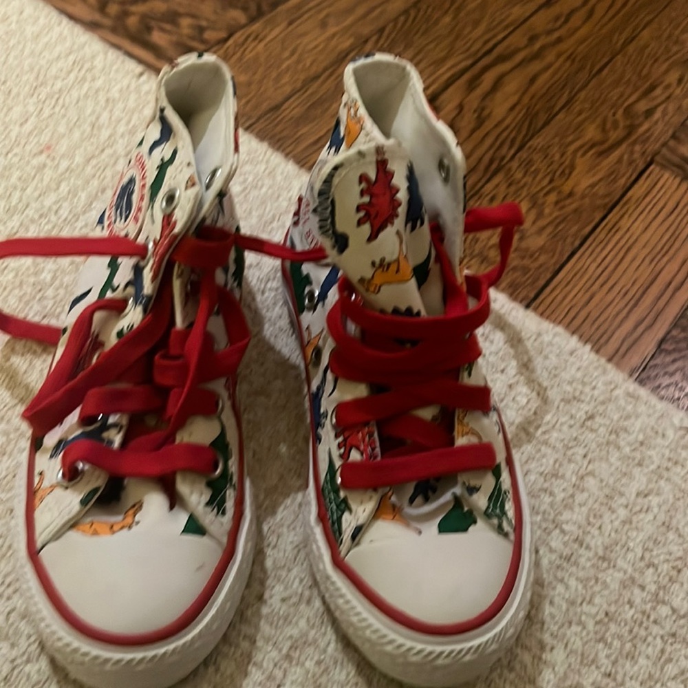 Adorable brand new converse high tops with dinosaur pattern